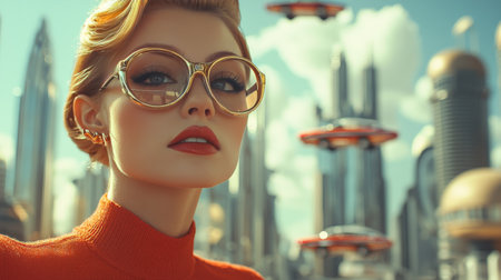 Fashionable woman with oversized glasses in futuristic cityscapeの素材