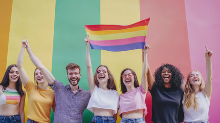 Group of smiling friends holding rainbow flag at a pride eventの素材