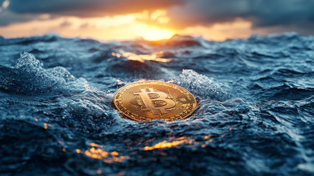 Bitcoin floating in ocean water during sunsetの素材