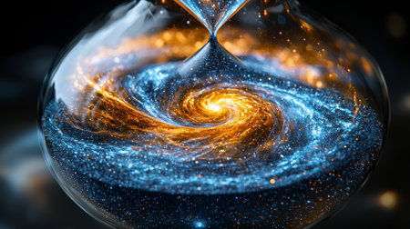Glowing hourglass swirling with stars and galaxies in spaceの素材