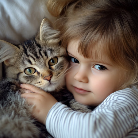 Child cuddling a tabby cat, close-up of their bondの素材