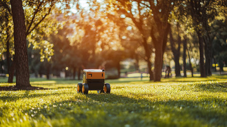 Autonomous delivery robot in a sunny park settingの素材
