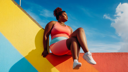 Relaxed woman in athletic wear leaning on a colorful urban wallの素材