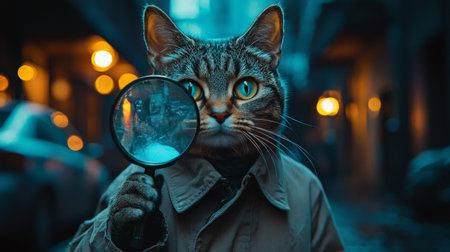 Cat detective inspecting with magnifying glass on rainy night streetの素材