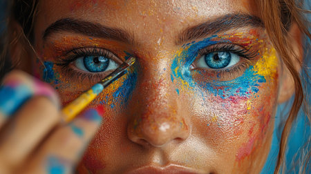 Close-up of woman painting vibrant colors on her faceの素材