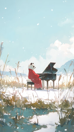 Panda playing piano in a serene snow-covered landscapeの素材