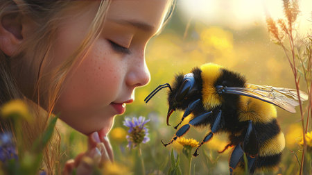 Innocent child bonding with a giant bee in a serene meadowの素材
