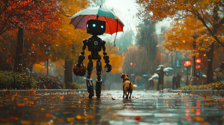 Large robot and dog walking in the rain under an umbrella on an autumn streetの素材