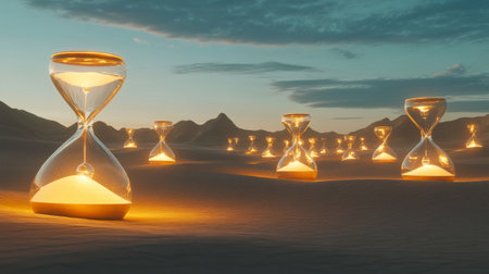 Surreal hourglasses glowing in a calm desert during twilightの素材