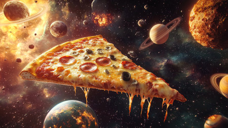 Slice of pizza floating through vibrant cosmic spaceの素材