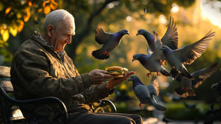 Elderly man feeding birds in a serene park setting at sunriseの素材