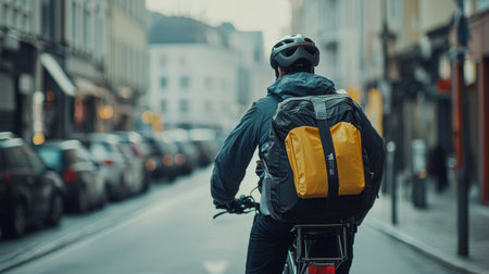 Cyclist with a backpack riding through a city streetの素材