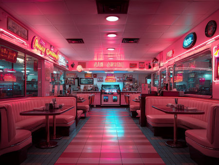 Retro neon-lit diner interior with vintage decor and empty boothsの素材