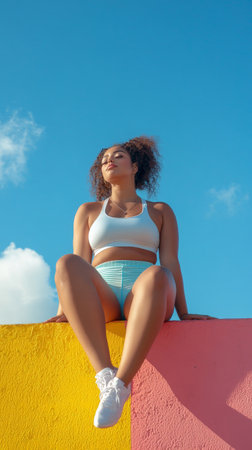 Athletic woman in sportswear sitting on a colorful wall under clear skyの素材