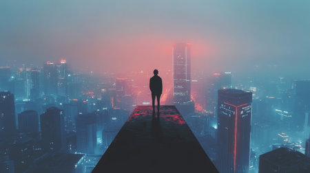 Silhouette of person standing on a rooftop overlooking futuristic city skylineの素材