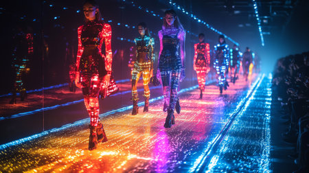 Illuminated fashion models on a neon-infused runwayの素材