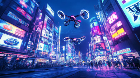 Drones flying over futuristic neon-lit city at nightの素材