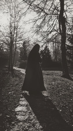 Silhouette of a mysterious figure in a dark forest pathの素材