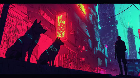 Cyberpunk city with neon lights and silhouette of dogs and personの素材
