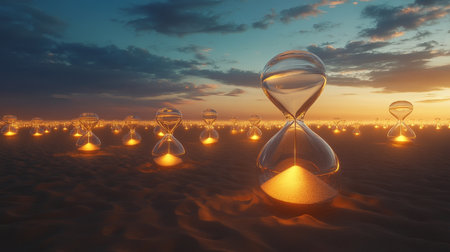Illuminated hourglasses in a desert at dawn, glowing in golden lightの素材