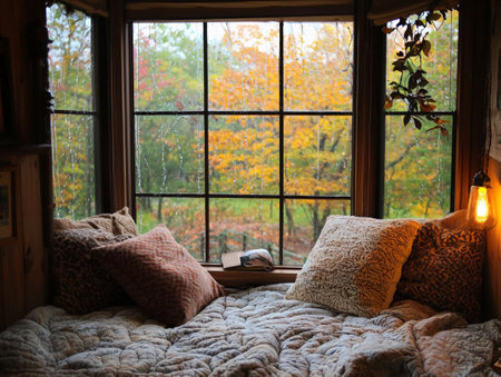 Cozy window seat with a view of rainy autumn treesの素材