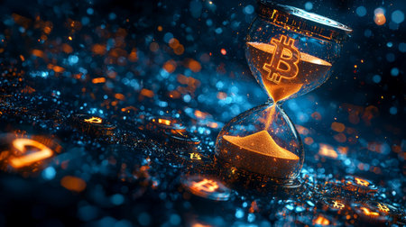 Bitcoin hourglass with futuristic financial technology conceptの素材