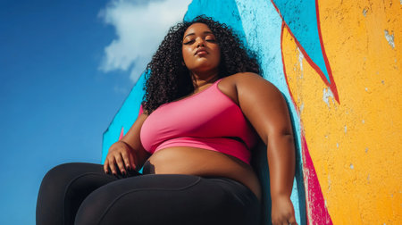 Athletic woman in vibrant activewear sitting on a colorful wall outdoorsの素材