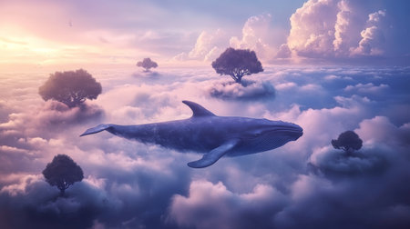 Whale swimming through clouds in a dreamlike fantasy worldの素材