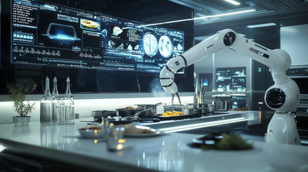 Robotic arm preparing meals in a futuristic kitchen with digital displaysの素材