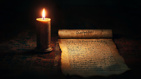 Ancient scroll and candlelight in a dark settingの素材