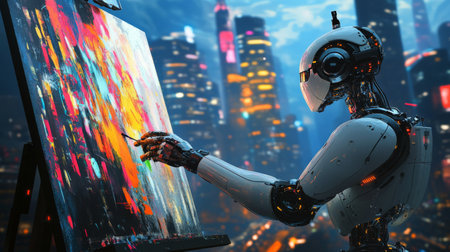 Robot artist painting colorful abstract artwork in a neon-lit cityscapeの素材