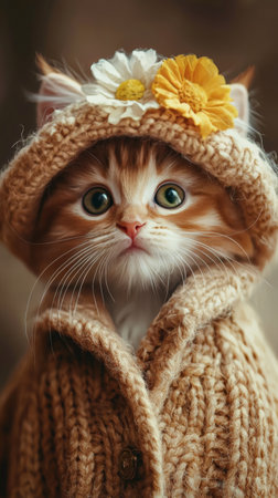 Cute kitten wearing a knitted sweater with flowersの素材