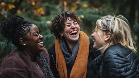 Group of friends laughing together in a park settingの素材