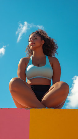 Young woman in activewear sitting on vibrant wall under blue skyの素材