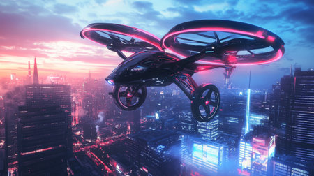 Futuristic drone flying above a neon-lit skyline at sunsetの素材