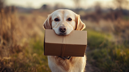 Golden retriever holding a cardboard box in its mouth outdoorsの素材