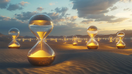 Surreal landscape of illuminated hourglasses in a desert at sunsetの素材