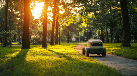 Autonomous delivery robot on a park path at sunsetの素材