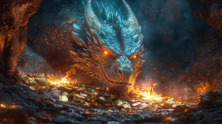 Fiery blue dragon guarding treasure in dark cavernの素材