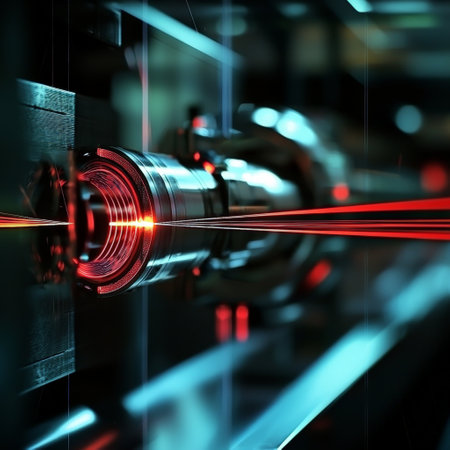 Close-up of advanced laser cutting machine emitting red laser beamsの素材