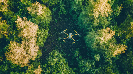 Drone flying above dense forest captured from high angleの素材