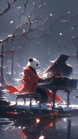 Panda playing piano in a dark wintry forestの素材