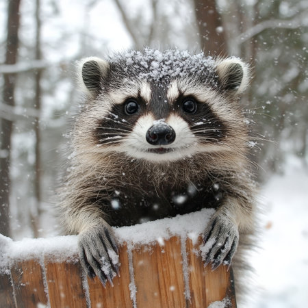 Close-up of a raccoon in snowy forest looking curiousの素材