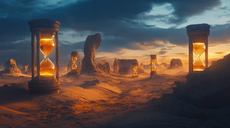 Futuristic hourglasses in a desert at sunset with rocky formationsの素材