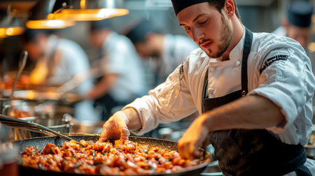 Chef cooking a large dish in a professional kitchen settingの素材