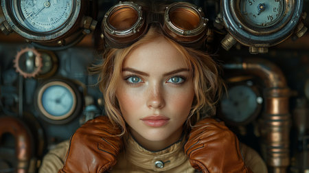 Steampunk woman with goggles in a vintage industrial settingの素材