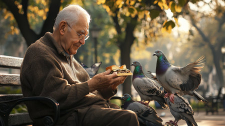 Senior man feeding pigeons on a quiet park bench during autumnの素材