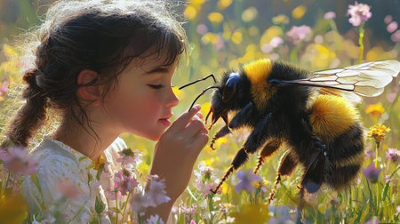 Young girl interacting with giant bee in a vibrant meadowの素材