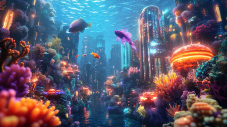 Futuristic underwater cityscape with vibrant marine life and coralの素材