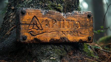 Rustic wooden sign in forest with engraved textの素材